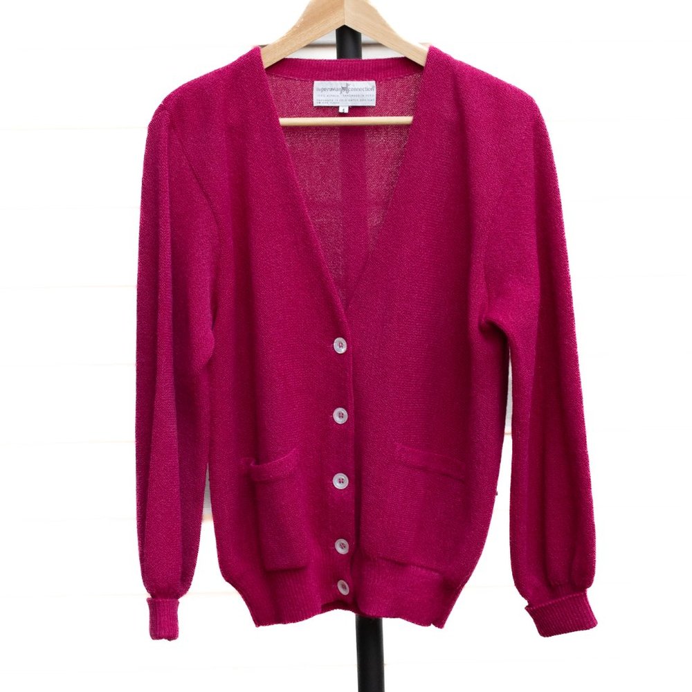Peruvian Connection Size Small Oversized Wool Cardigan in Magenta Raspberry Red - Picture 2 of 5